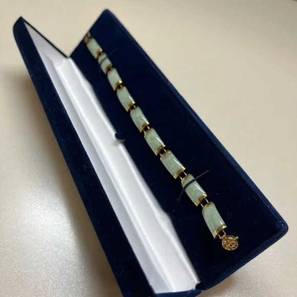 10K Yellow Gold Natural Green Jade Panel Link Bracelet 7” 11.5g Estate 16mm - Picture 11 of 12